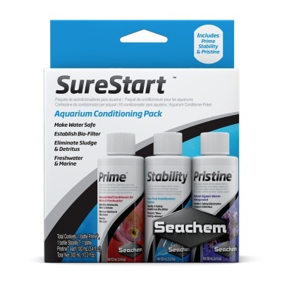 Pack de condicionadores para aquário SureStart com três frascos branco, Prime, Stability e Pristine