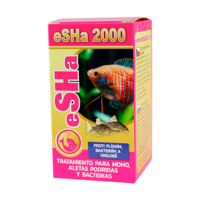 Embalagem rosa e amarela do produto eSHa 2000 com imagem de peixe