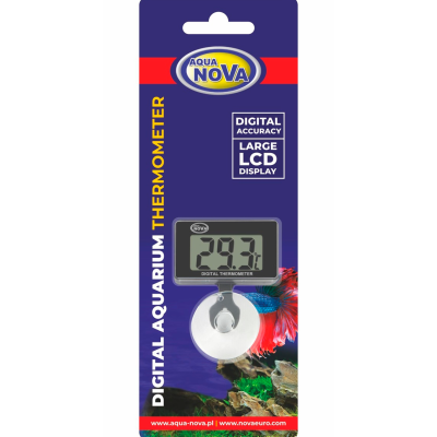 Termómetro digital para aquário Aqua Nova com display LCD e ventosa na embalagem azul.