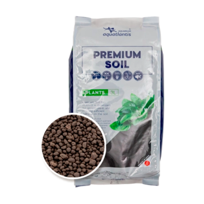 Saco de solo para plantas Aquatlantis Premium Soil 3L com textura granulada castanha.