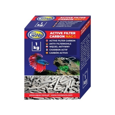 Caixa de filtro ativo de carbono Aqua Nova NAC-1 de 1 kg com peixe betta e pellets de carvão activado