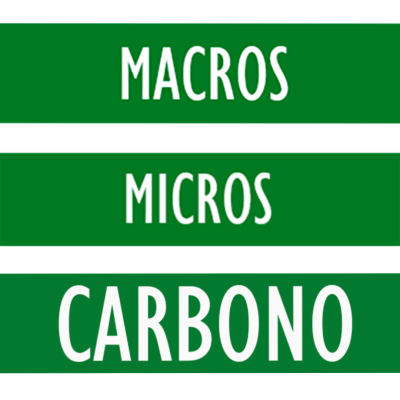 Três faixas verdes com palavras MACROS, MICROS, CARBONO em branco