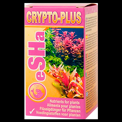 Embalagem do produto eSHa CRYPTO-PLUS, nutrientes líquidos para plantas com imagem de plantas aquáticas.