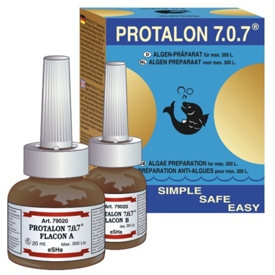 Frascos de Protalon 7.0.7 para preparação anti-algas com embalagem azul e dourada
