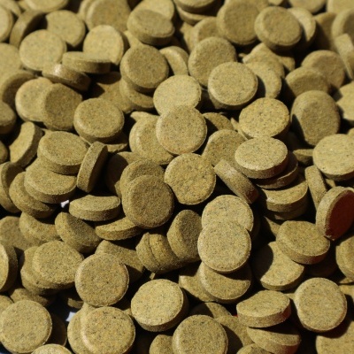 Comprimidos redondos castanhos claros com textura rugosa empilhados.