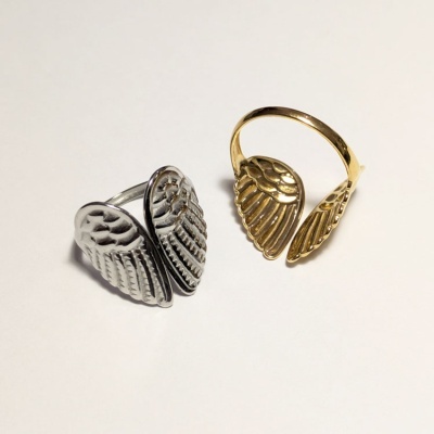 Anéis dourado e prateado com design de asas em fundo branco