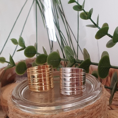 Anéis de metal dourado e prateado com linhas horizontais em suporte de vidro com corda de sisal e folhas verdes no fundo