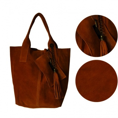 Mala tote castanha em camurça com fecho zip e tassel