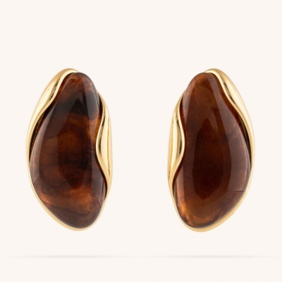 Brincos com pedras castanhas e contornos dourados