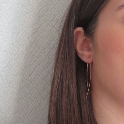 Brinco dourado fino pendente na orelha direita