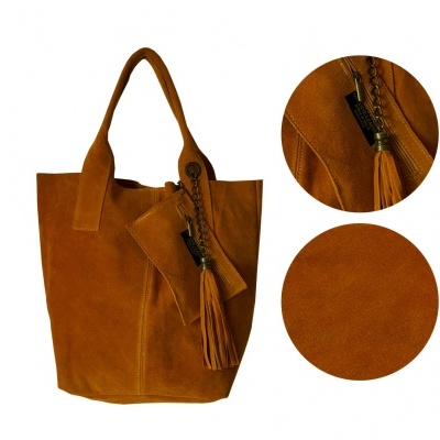 Mala de mão castanha em camurça com alças e tassel