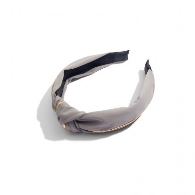 tiara de tecido cinza e preta com nó decorativo