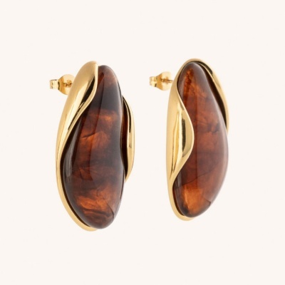 Brincos ovais em âmbar castanho e dourado com fecho de pressão