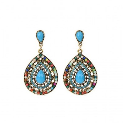 Brincos em forma de gota com pedras coloridas e azuis