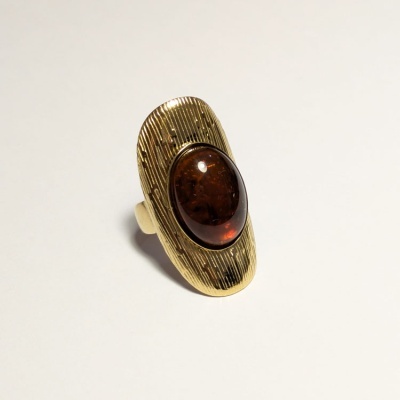 Anel dourado com pedra oval castanha escura