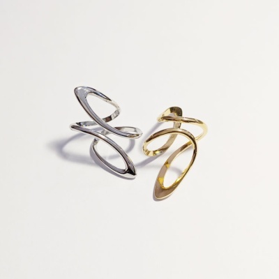 Dois anéis metálicos, um prateado e outro dourado, com design curvo moderno sobre fundo branco.