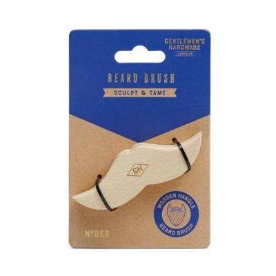 Escova para barba com pega em madeira clara, embalagem cartão castanho e azul com textos e número.