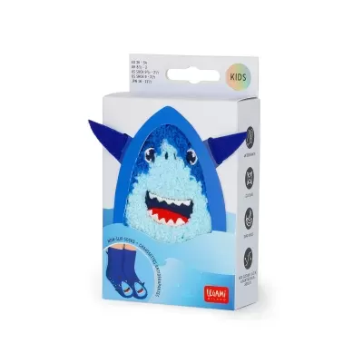 Calcetines antideslizantes para niños con diseño de tiburón azul en caja blanca y azul