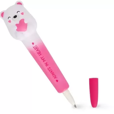 Caneta rosa com urso branco segurando coração rosa e texto ALWAYS IN MY HEART.