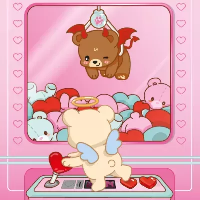 Máquina de agarrar ursinhos com urso anjinho e urso diabólico, fundo rosa com corações