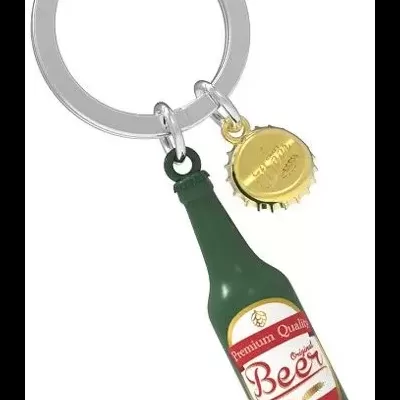 Chaveiro com garrafa de cerveja e tampa dourada