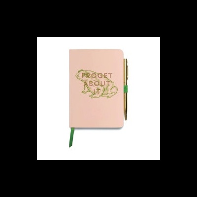 Caderno rosa com ilustração de sapo e caneta dourada