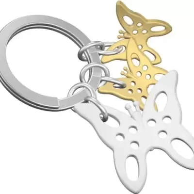 Chaveiro metálico com borboletas douradas e prata