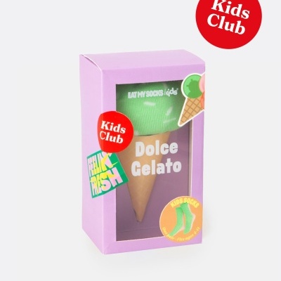 Embalagem lilás para meias verdes de criança em formato de gelado