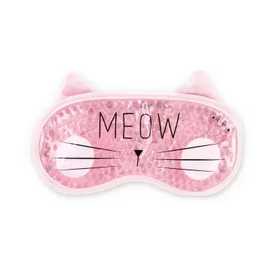Máscara de dormir rosa com desenho de gato e texto MEOW