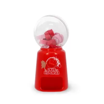 Dispensador vermelho LOVE DISPENSER com globo transparente cheio de objetos cor de rosa e vermelho