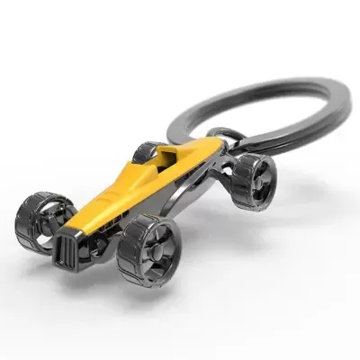 Porta-chaves em forma de carro de corrida amarelo e preto com argola