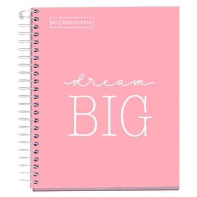 Caderno cor-de-rosa com espiral e texto dream BIG