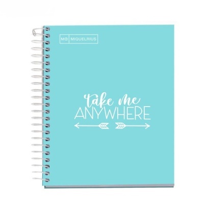 Caderno azul claro espiral com texto branco e logotipo Miquelrius