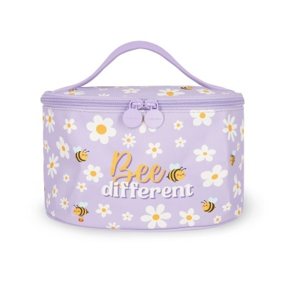 Necessaire lilás com flores brancas e abelhas, texto Bee different.