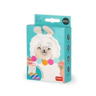 Caixa azul de meias antiderrapantes com ilustração de lama branca e rosto sorridente