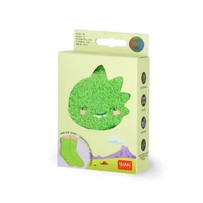 Caixa verde de meias antiderrapantes para crianças com padrão carinha verde peluda.