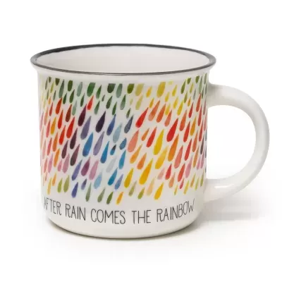 Caneca branca com gotas coloridas e texto inspirador