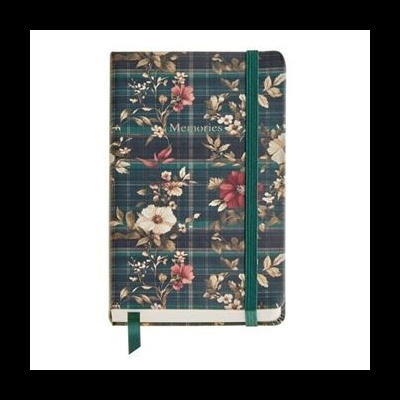 Caderno rígido com capa xadrez e flores com texto Memories