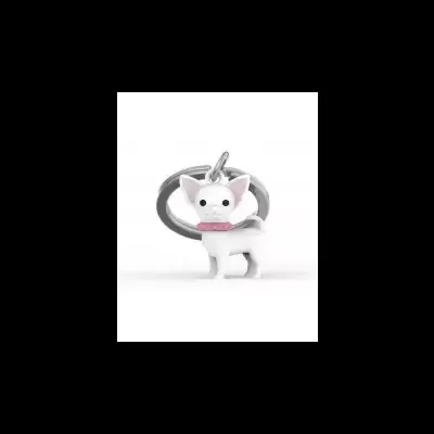 Chaveiro cão branco com coleira rosa e anel metálico prateado