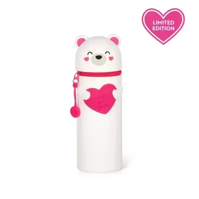Garrafa branca em forma de urso com detalhes cor-de-rosa e texto ALWAYS IN MY HEART