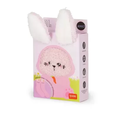 Meias cor-de-rosa com orelhas de coelho em caixa lilás