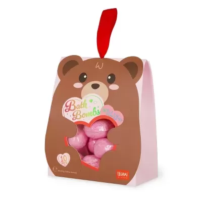 Embalagem de bolas de banho rosa com design de urso castanho e laço vermelho