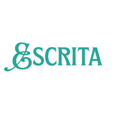 Logotipo com a palavra ESCRITA em verde água sobre fundo branco