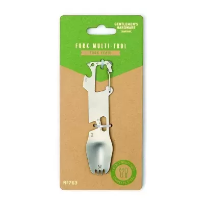 Ferramenta multifunções em forma de garfo em embalagem de cartão verde e castanho