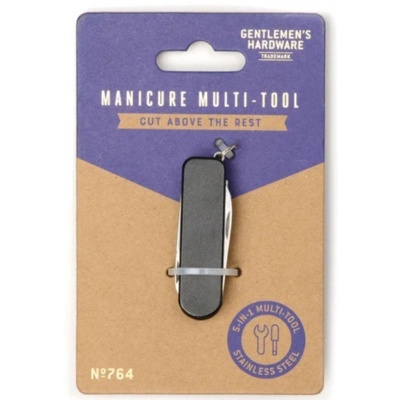 Ferramenta multiuso de manicure preta em embalagem de cartão roxo e castanho