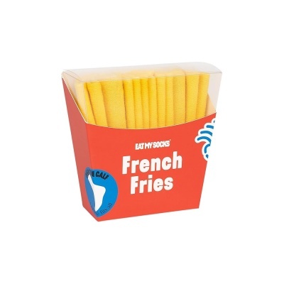 Embalagem vermelha com meias amarelas dobradas parecidas com batatas fritas