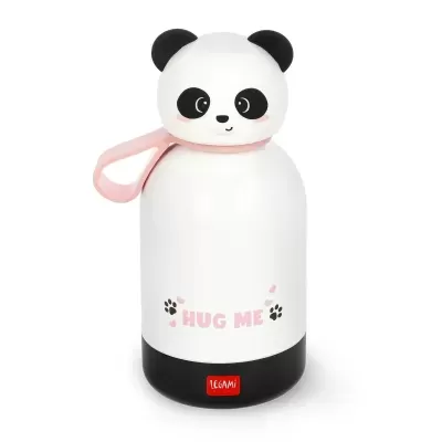 Garrafa térmica branca com tampa em forma de cabeça de panda e texto HUG ME.