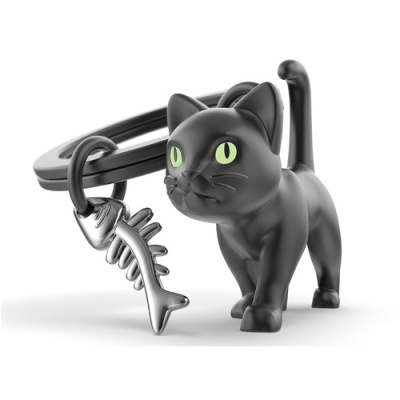 Chaveiro de gato preto com pingente de espinha de peixe prateado