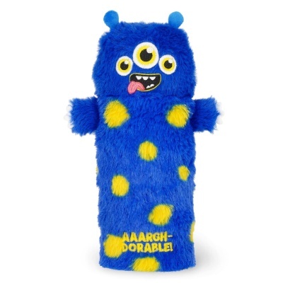 Fantoche de mão azul peludo com olhos amarelos e boca com língua de fora, com manchas amarelas e texto AAARGH-DORABLE!