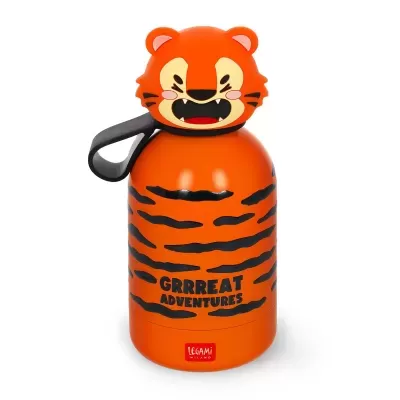 Garrafa infantil de alumínio laranja com tampa em forma de cabeça de tigre e riscas negras